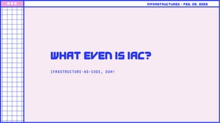IFRASTRUCTURE-AS-CODE, DUH!
What even is IaC?
Infrastructured • feb. 09, 2023
 