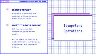 Idempotent
Operations
idempotence?
A quality of an action such that
repetitions of the action have no
further effect on outcome
What it means for Iac
Each time you run your IaC
configuration, you get the same
results.
e.g. You have an IaC config for a
single ec2 instance. Each time you run
it you are left with a single ec2
instance.
Infrastructured • feb. 09, 2023
 
