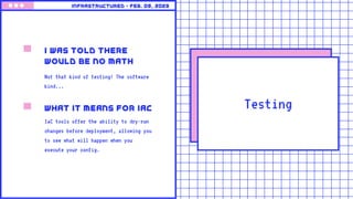 Testing
I was told there
would be no math
Not that kind of testing! The software
kind...
What it means for Iac
IaC tools offer the ability to dry-run
changes before deployment, allowing you
to see what will happen when you
execute your config.
Infrastructured • feb. 09, 2023
 