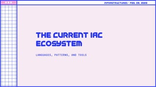 LANGUAGES, PATTERNS, AND TOOLS
The current Iac
ecosystem
Infrastructured • feb. 09, 2023
 