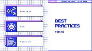 for IAC
Best
Practices
Modularization
GitOps
Policy as Code
Infrastructured • feb. 09, 2023
 