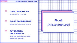 About
Infrastructured
Cloud Migrations
Do it right, the first time
Cloud Accelerator
Rapidly improve your cloud maturity
Automation
Development
Custom code and integrations using
industry best practices
Infrastructured • feb. 09, 2023
 