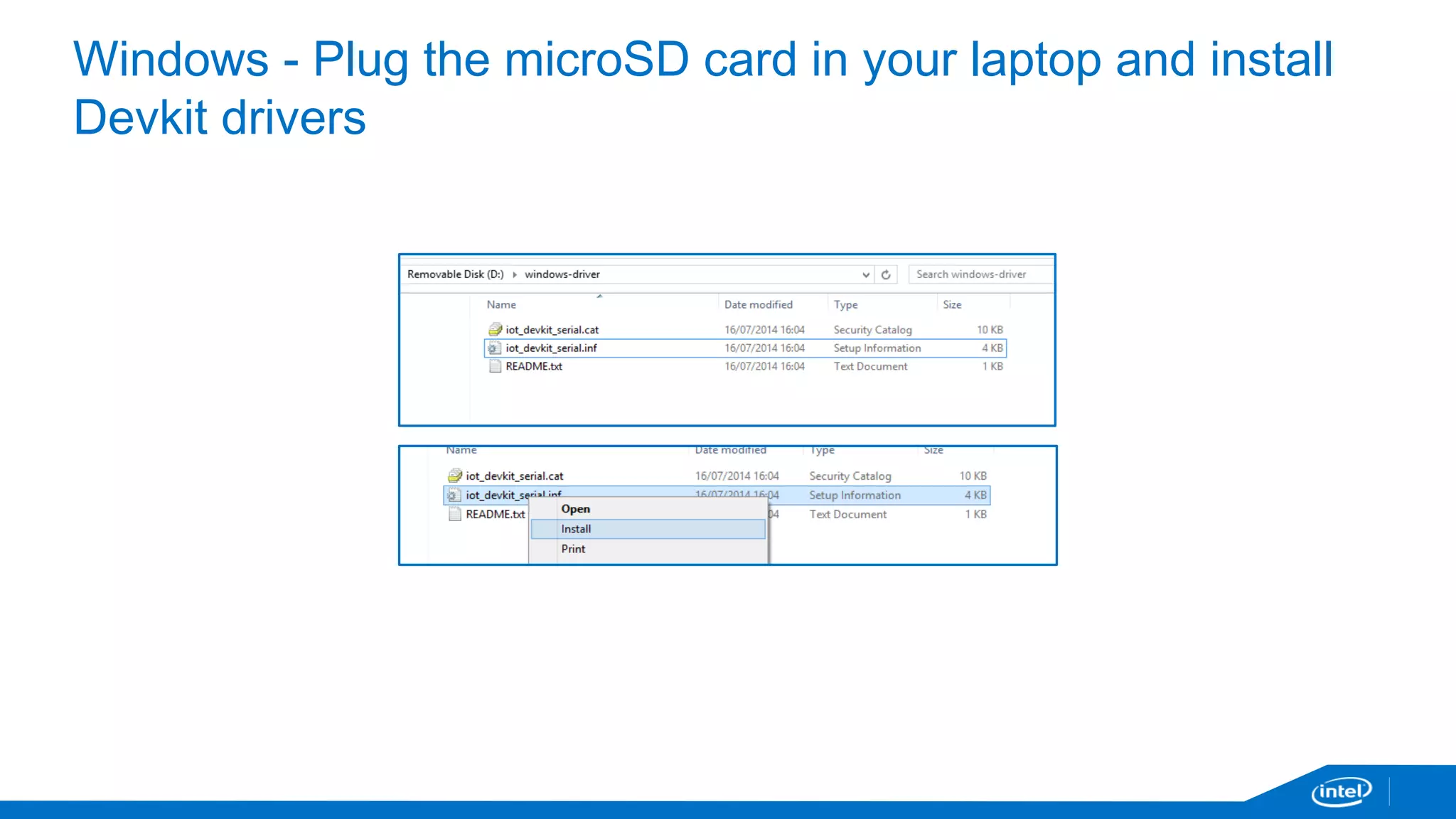 Setup the Galileo board 
Distributed micro SD cards already prepared with latest image – just plug them in 
Why do we need a micro SD and an image? 
- Provide easy way to permanently store application on board 
- Provides extra libraries and bindings 
- Supports multiple programming languages 
Note: For future updates, please refer to online documentation. 
Ref.: https://software.intel.com/en-us/iot-c-eclipse , Appendix 
 