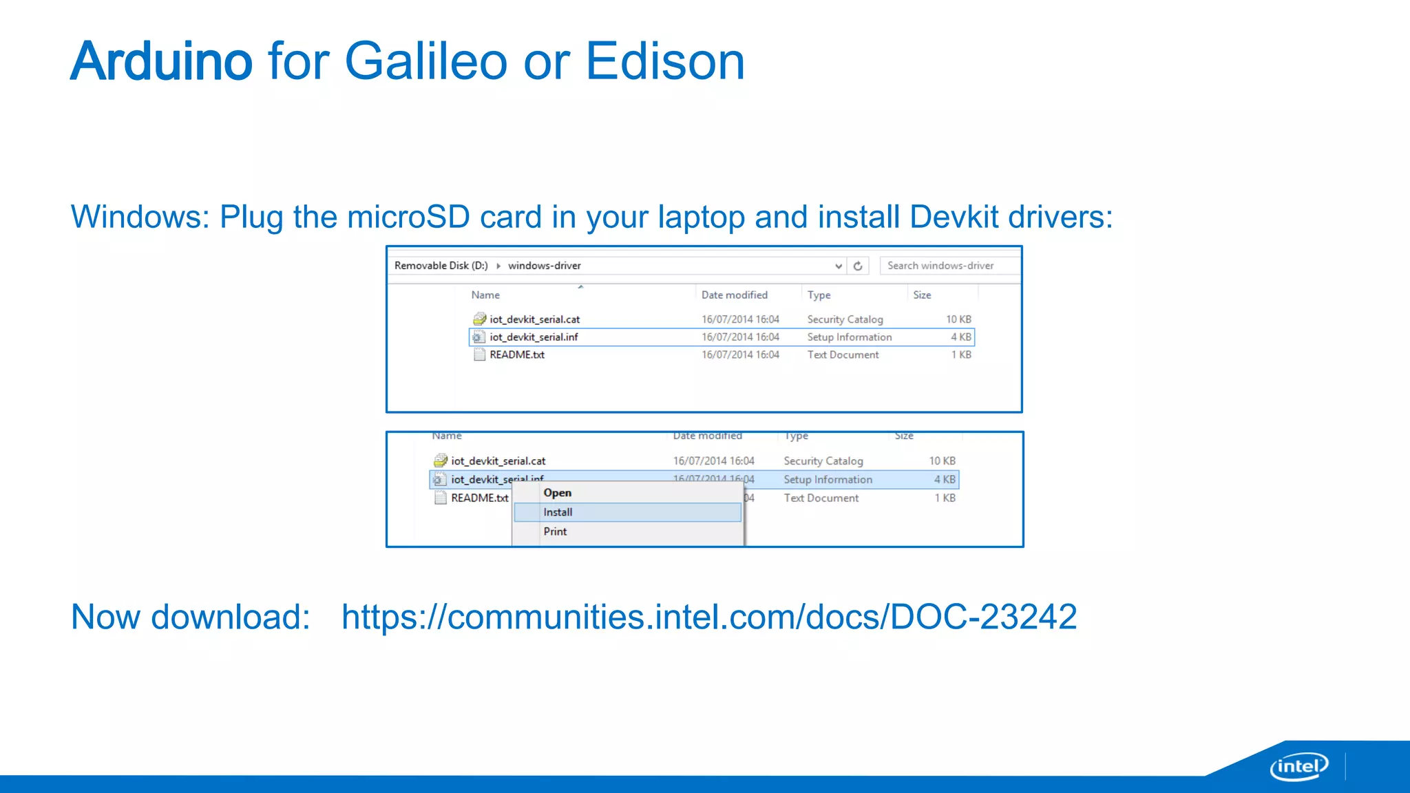 Connecting Edison – configure_edison --setup 
Configure password 
Configure wifi 
Galileo should automatically set up an IP address. 
 
