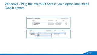 Setup the Galileo board 
Distributed micro SD cards already prepared with latest image – just plug them in 
Why do we need a micro SD and an image? 
- Provide easy way to permanently store application on board 
- Provides extra libraries and bindings 
- Supports multiple programming languages 
Note: For future updates, please refer to online documentation. 
Ref.: https://software.intel.com/en-us/iot-c-eclipse , Appendix 
 