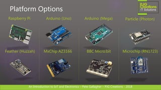An Introduction to IoT and Electronics – Pete Gallagher – PJG Creations - 2018An Introduction to IoT and Electronics – Pete Gallagher – PJG Creations - 2018
Platform Options
Raspberry Pi Arduino (Uno) Particle (Photon)
BBC Micro:bit Microchip (RN1723)MxChip AZ3166Feather (Huzzah)
Arduino (Mega)
 