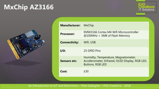 An Introduction to IoT and Electronics – Pete Gallagher – PJG Creations - 2018An Introduction to IoT and Electronics – Pete Gallagher – PJG Creations - 2018
MxChip AZ3166
Manufacturer: MxChip
Processor:
EMW3166 Cortex M4 Wifi Microcontroller
@100MHz + 3MB of Flash Memory
Connectivity: Wifi, USB
I/O: 25 GPIO Pins
Sensors etc:
Humidity, Temperature, Magnetometer,
Accelerometer, Infrared, OLED Display, RGB LED,
Buttons, RGB LED
Cost: £30
 