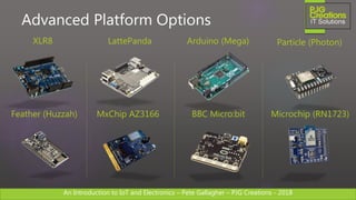 An Introduction to IoT and Electronics – Pete Gallagher – PJG Creations - 2018An Introduction to IoT and Electronics – Pete Gallagher – PJG Creations - 2018
Advanced Platform Options
XLR8 LattePanda Particle (Photon)
BBC Micro:bit Microchip (RN1723)MxChip AZ3166Feather (Huzzah)
Arduino (Mega)
 