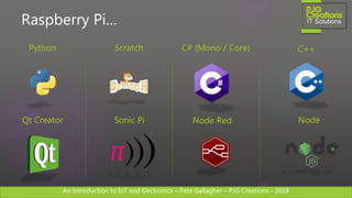 An Introduction to IoT and Electronics – Pete Gallagher – PJG Creations - 2018An Introduction to IoT and Electronics – Pete Gallagher – PJG Creations - 2018
Raspberry Pi…
Python Scratch C# (Mono / Core) C++
Qt Creator Sonic Pi Node Red Node
 