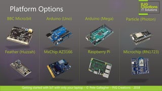 Getting started with IoT with only your laptop – © Pete Gallagher – PJG Creations - 2018
Platform Options
Raspberry Pi
Arduino (Uno) Particle (Photon)BBC Micro:bit
Microchip (RN1723)MxChip AZ3166Feather (Huzzah)
Arduino (Mega)
 