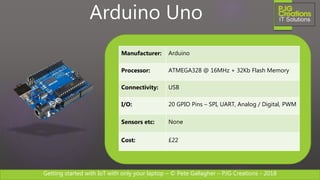 Getting started with IoT with only your laptop – © Pete Gallagher – PJG Creations - 2018
Manufacturer: Arduino
Processor: ATMEGA328 @ 16MHz + 32Kb Flash Memory
Connectivity: USB
I/O: 20 GPIO Pins – SPI, UART, Analog / Digital, PWM
Sensors etc: None
Cost: £22
Arduino Uno
 
