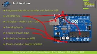 Getting started with IoT with only your laptop – © Pete Gallagher – PJG Creations - 2018
 Programmable Microcontroller with Full size USB
 20 GPIO Pins
 14 Digital + PWM + SPI + UART
 6 Analog Inputs
 Separate Power Input
 No built in Sensors or WIFI
 Plenty of Add on Boards (Shields)
Arduino Uno
 