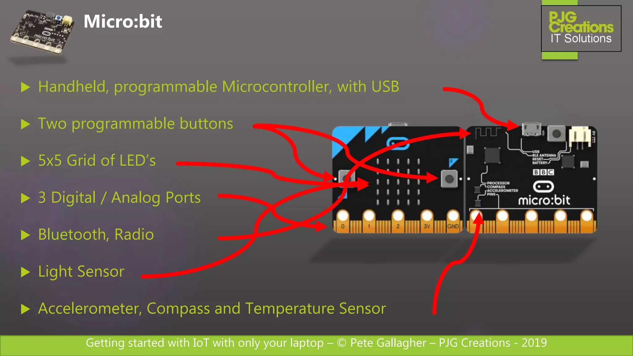 Getting started with IoT with only your laptop – © Pete Gallagher – PJG Creations - 2019
 Handheld, programmable Microcontroller, with USB
 Two programmable buttons
 5x5 Grid of LED’s
 3 Digital / Analog Ports
 Bluetooth, Radio
 Light Sensor
 Accelerometer, Compass and Temperature Sensor
Micro:bit
 