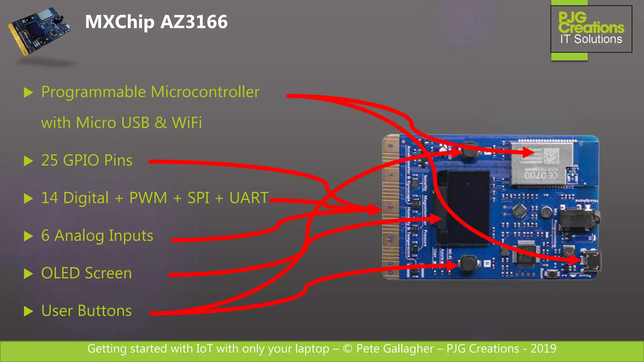 Getting started with IoT with only your laptop – © Pete Gallagher – PJG Creations - 2019
 Programmable Microcontroller
with Micro USB & WiFi
 25 GPIO Pins
 14 Digital + PWM + SPI + UART
 6 Analog Inputs
 OLED Screen
 User Buttons
MXChip AZ3166
 