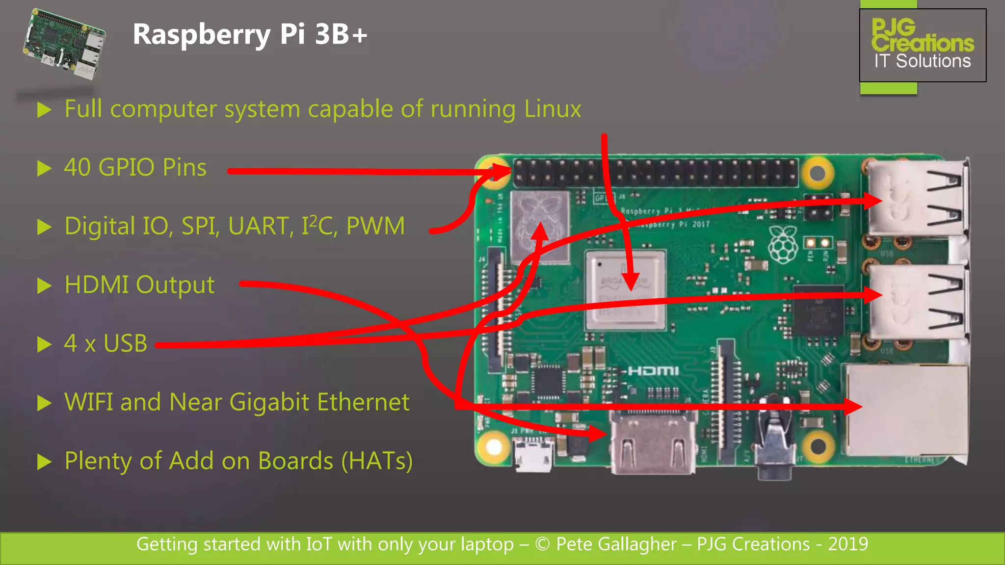 Getting started with IoT with only your laptop – © Pete Gallagher – PJG Creations - 2019
 Full computer system capable of running Linux
 40 GPIO Pins
 Digital IO, SPI, UART, I2C, PWM
 HDMI Output
 4 x USB
 WIFI and Near Gigabit Ethernet
 Plenty of Add on Boards (HATs)
Raspberry Pi 3B+
 