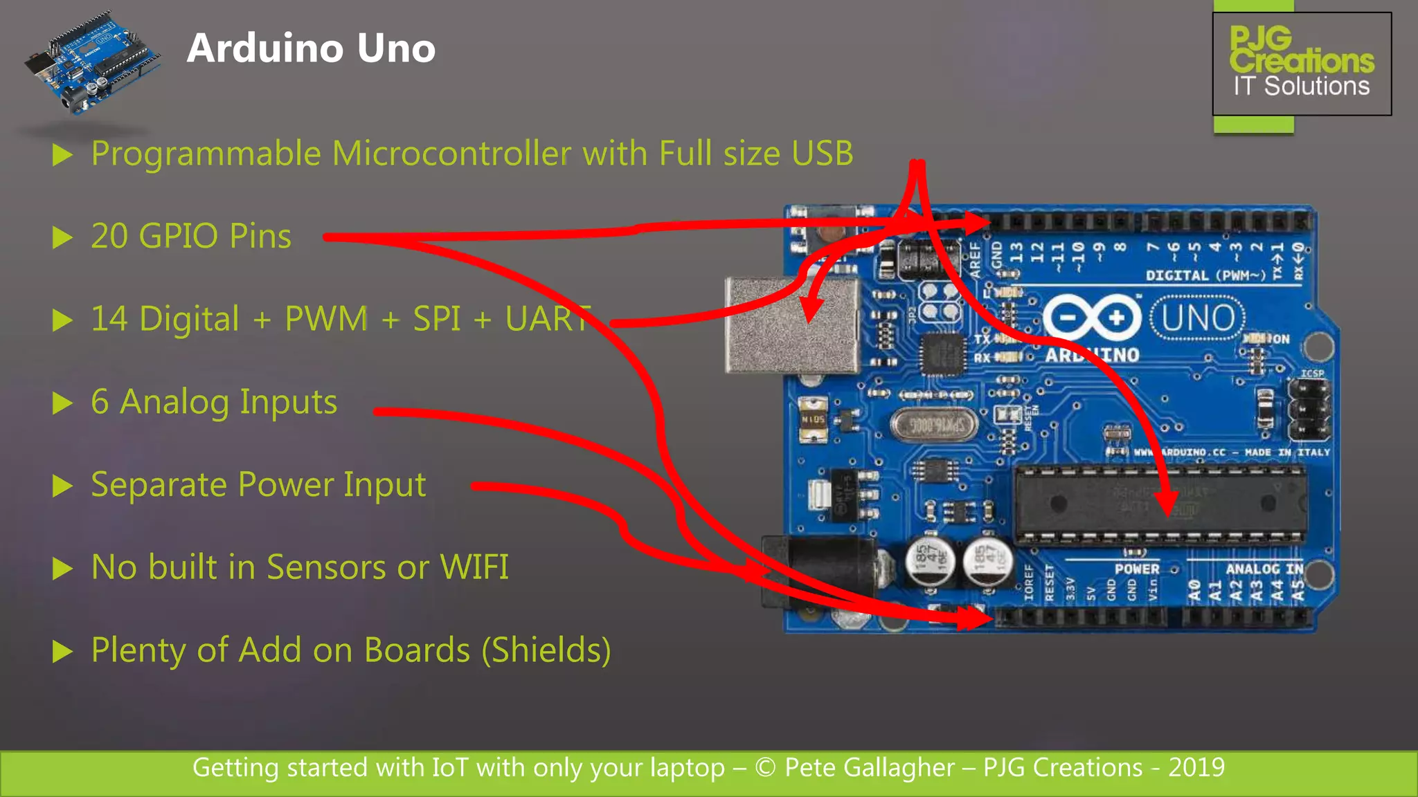Getting started with IoT with only your laptop – © Pete Gallagher – PJG Creations - 2019
 Programmable Microcontroller with Full size USB
 20 GPIO Pins
 14 Digital + PWM + SPI + UART
 6 Analog Inputs
 Separate Power Input
 No built in Sensors or WIFI
 Plenty of Add on Boards (Shields)
Arduino Uno
 