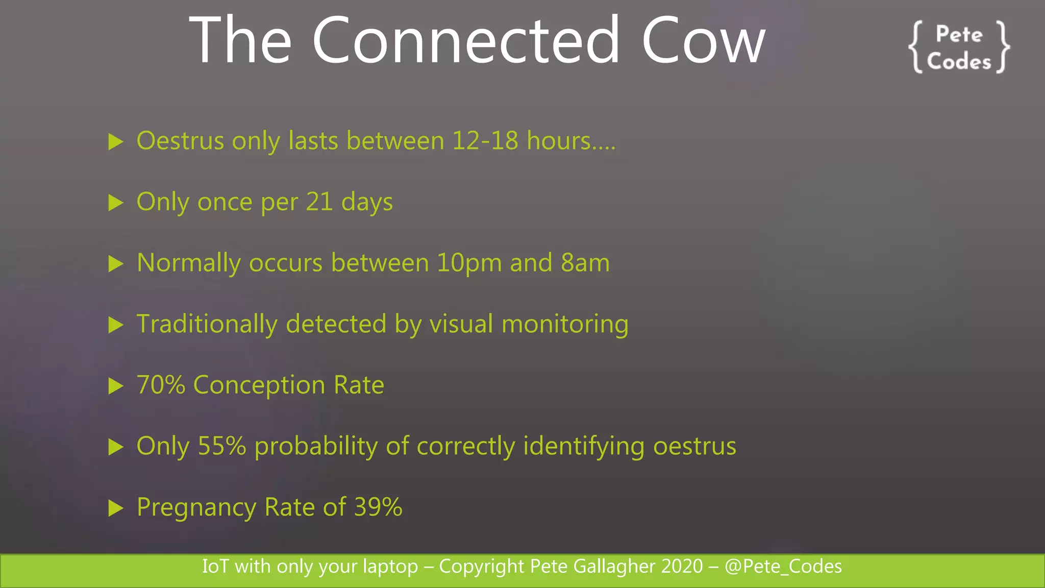 IoT with only your laptop – Copyright Pete Gallagher 2020 – @Pete_Codes
 Oestrus only lasts between 12-18 hours….
 Only once per 21 days
 Normally occurs between 10pm and 8am
 Traditionally detected by visual monitoring
 70% Conception Rate
 Only 55% probability of correctly identifying oestrus
 Pregnancy Rate of 39%
The Connected Cow
 
