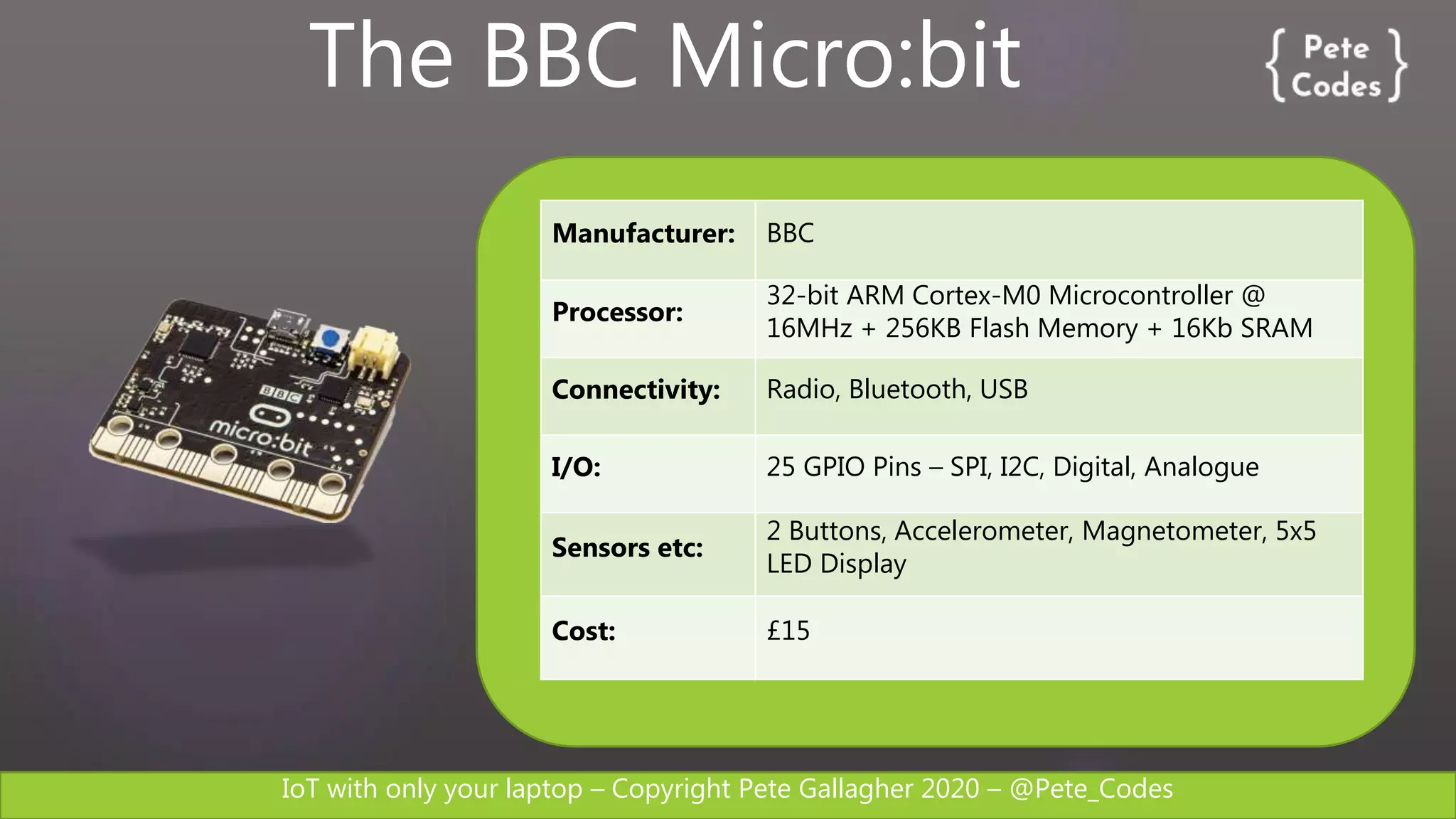 IoT with only your laptop – Copyright Pete Gallagher 2020 – @Pete_Codes
Manufacturer: BBC
Processor:
32-bit ARM Cortex-M0 Microcontroller @
16MHz + 256KB Flash Memory + 16Kb SRAM
Connectivity: Radio, Bluetooth, USB
I/O: 25 GPIO Pins – SPI, I2C, Digital, Analogue
Sensors etc:
2 Buttons, Accelerometer, Magnetometer, 5x5
LED Display
Cost: £15
The BBC Micro:bit
 