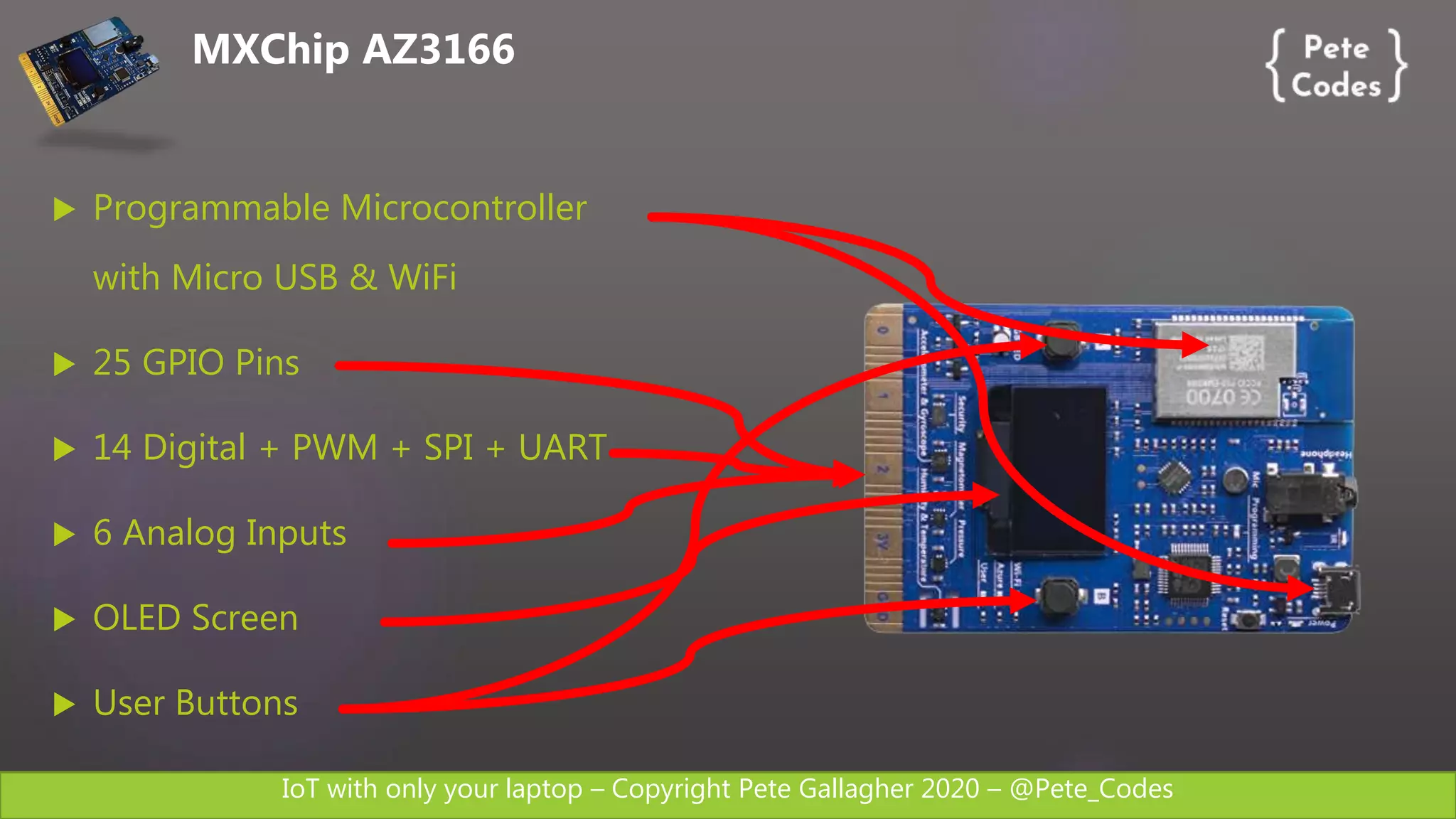 IoT with only your laptop – Copyright Pete Gallagher 2020 – @Pete_Codes
 Programmable Microcontroller
with Micro USB & WiFi
 25 GPIO Pins
 14 Digital + PWM + SPI + UART
 6 Analog Inputs
 OLED Screen
 User Buttons
MXChip AZ3166
 