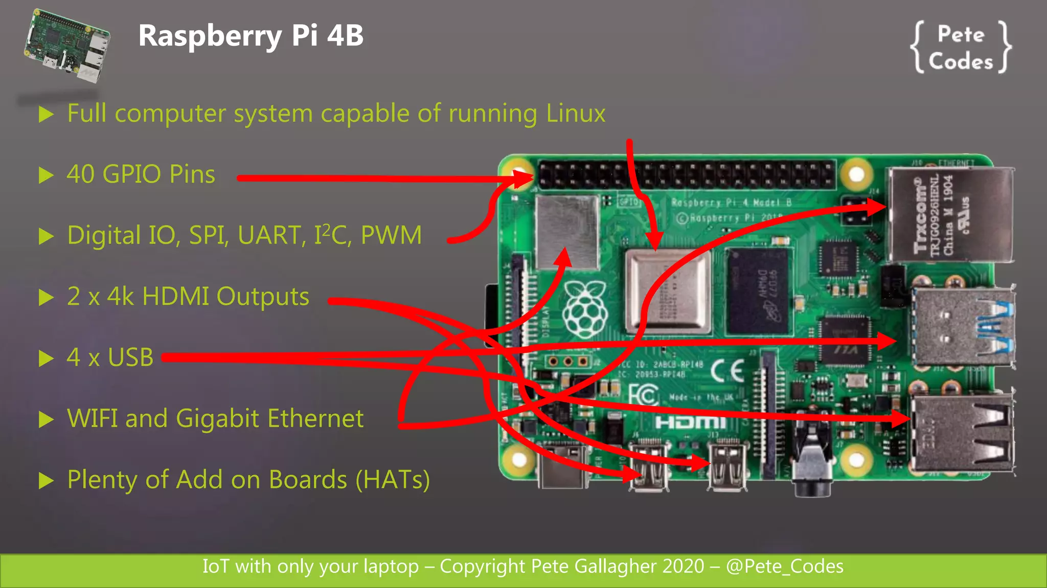IoT with only your laptop – Copyright Pete Gallagher 2020 – @Pete_Codes
 Full computer system capable of running Linux
 40 GPIO Pins
 Digital IO, SPI, UART, I2C, PWM
 2 x 4k HDMI Outputs
 4 x USB
 WIFI and Gigabit Ethernet
 Plenty of Add on Boards (HATs)
Raspberry Pi 4B
 