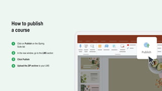 Click on Publish on the iSpring
Suite tab
In the new window, go to the LMS section
Click Publish
Upload the ZIP archive to your LMS
How to publish
a course
 