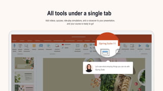 Let’s see what amazing things you can do with
iSpring Suite
Add videos, quizzes, role-play simulations, and a voiceover to your presentation,
and your course is ready to go!
All tools under a single tab
 