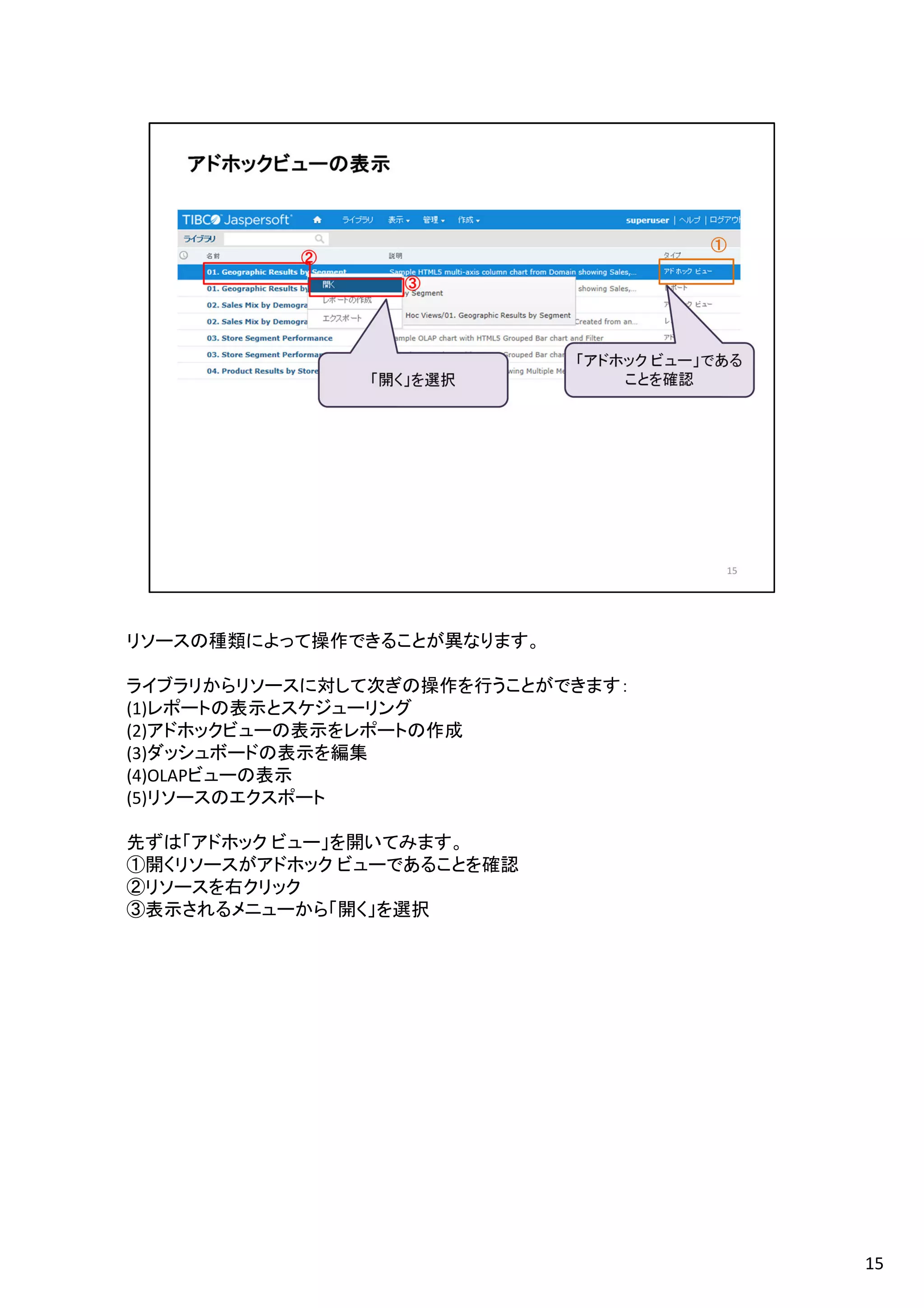 リソースの種類によって操作できることが異なります。
ライブラリからリソースに対して次ぎの操作を行うことができます：
(1)レポートの表示とスケジューリング
(2)アドホックビューの表示をレポートの作成
(3)ダッシュボードの表示を編集
(4)OLAPビューの表示
(5)リソースのエクスポート
先ずは「アドホック ビュー」を開いてみます。
①開くリソースがアドホック ビューであることを確認
②リソースを右クリック
③表示されるメニューから「開く」を選択
15
 