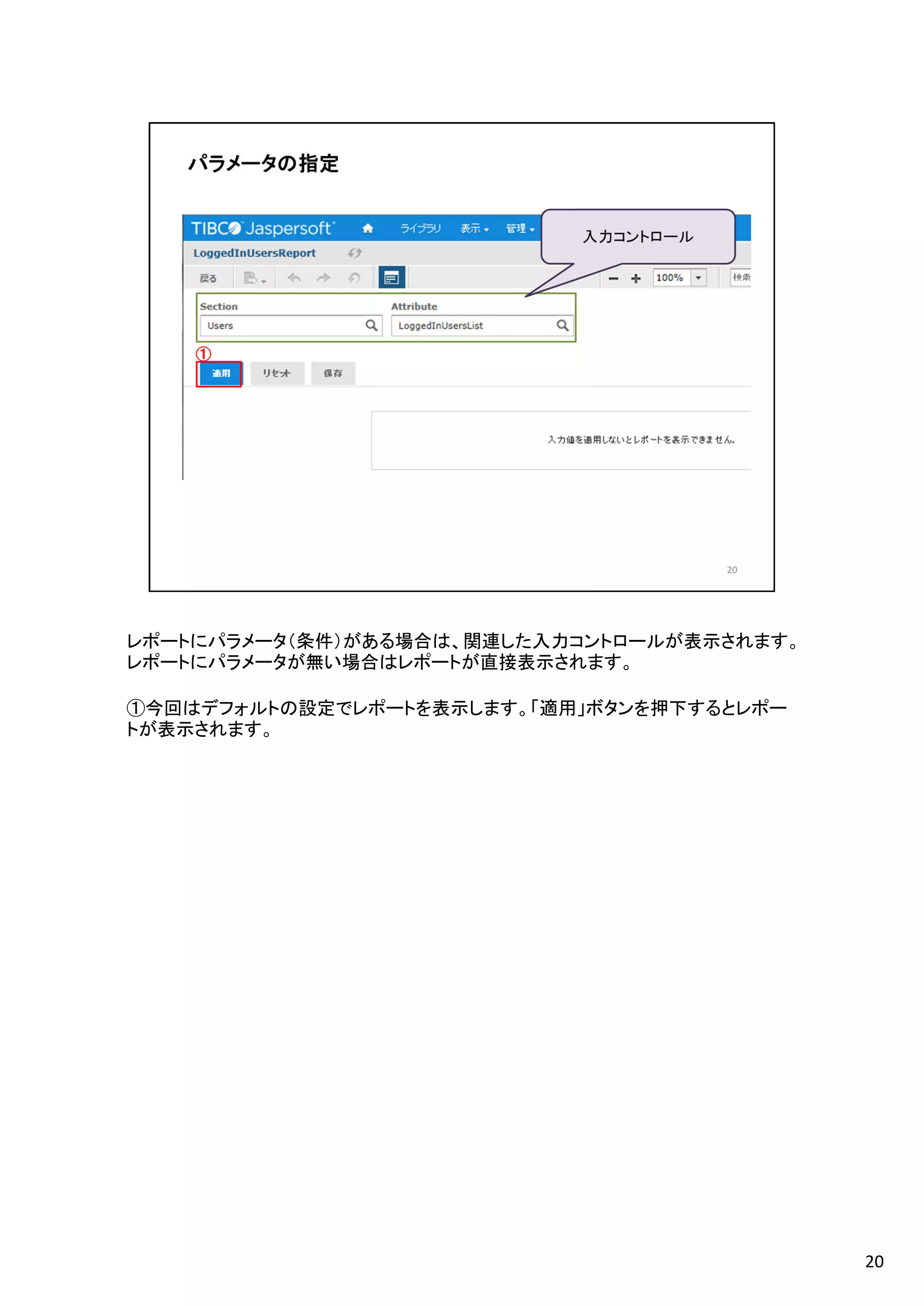 レポートにパラメータ（条件）がある場合は、関連した入力コントロールが表示されます。
レポートにパラメータが無い場合はレポートが直接表示されます。
①今回はデフォルトの設定でレポートを表示します。「適用」ボタンを押下するとレポー
トが表示されます。
20
 