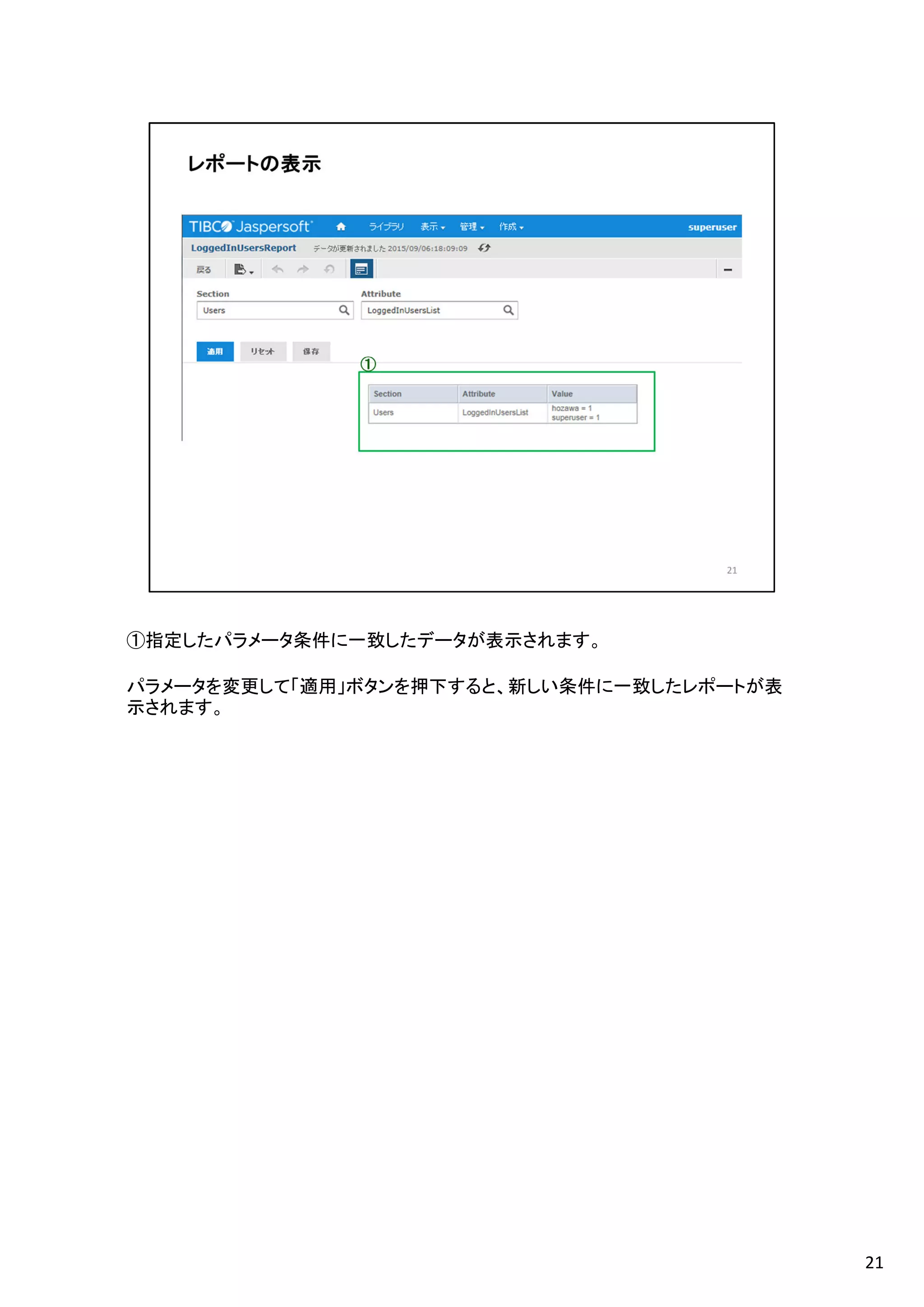 ①指定したパラメータ条件に一致したデータが表示されます。
パラメータを変更して「適用」ボタンを押下すると、新しい条件に一致したレポートが表
示されます。
21
 