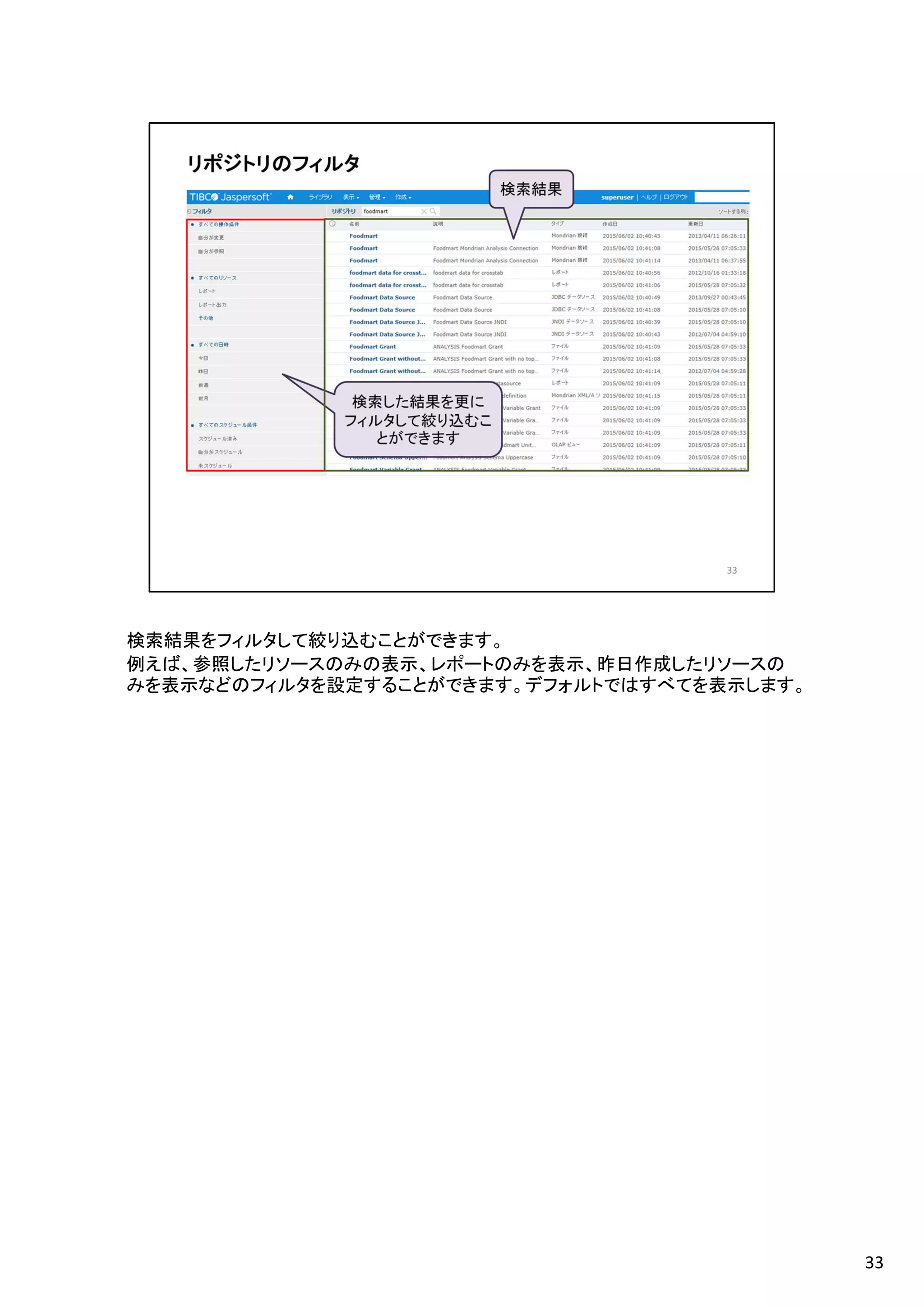 検索結果をフィルタして絞り込むことができます。
例えば、参照したリソースのみの表示、レポートのみを表示、昨日作成したリソースの
みを表示などのフィルタを設定することができます。デフォルトではすべてを表示します。
33
 
