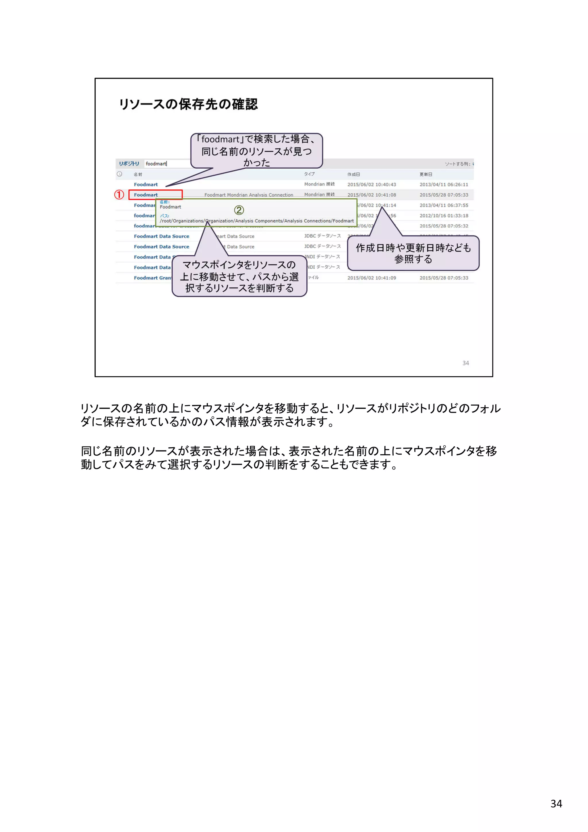 リソースの名前の上にマウスポインタを移動すると、リソースがリポジトリのどのフォル
ダに保存されているかのパス情報が表示されます。
同じ名前のリソースが表示された場合は、表示された名前の上にマウスポインタを移
動してパスをみて選択するリソースの判断をすることもできます。
34
 