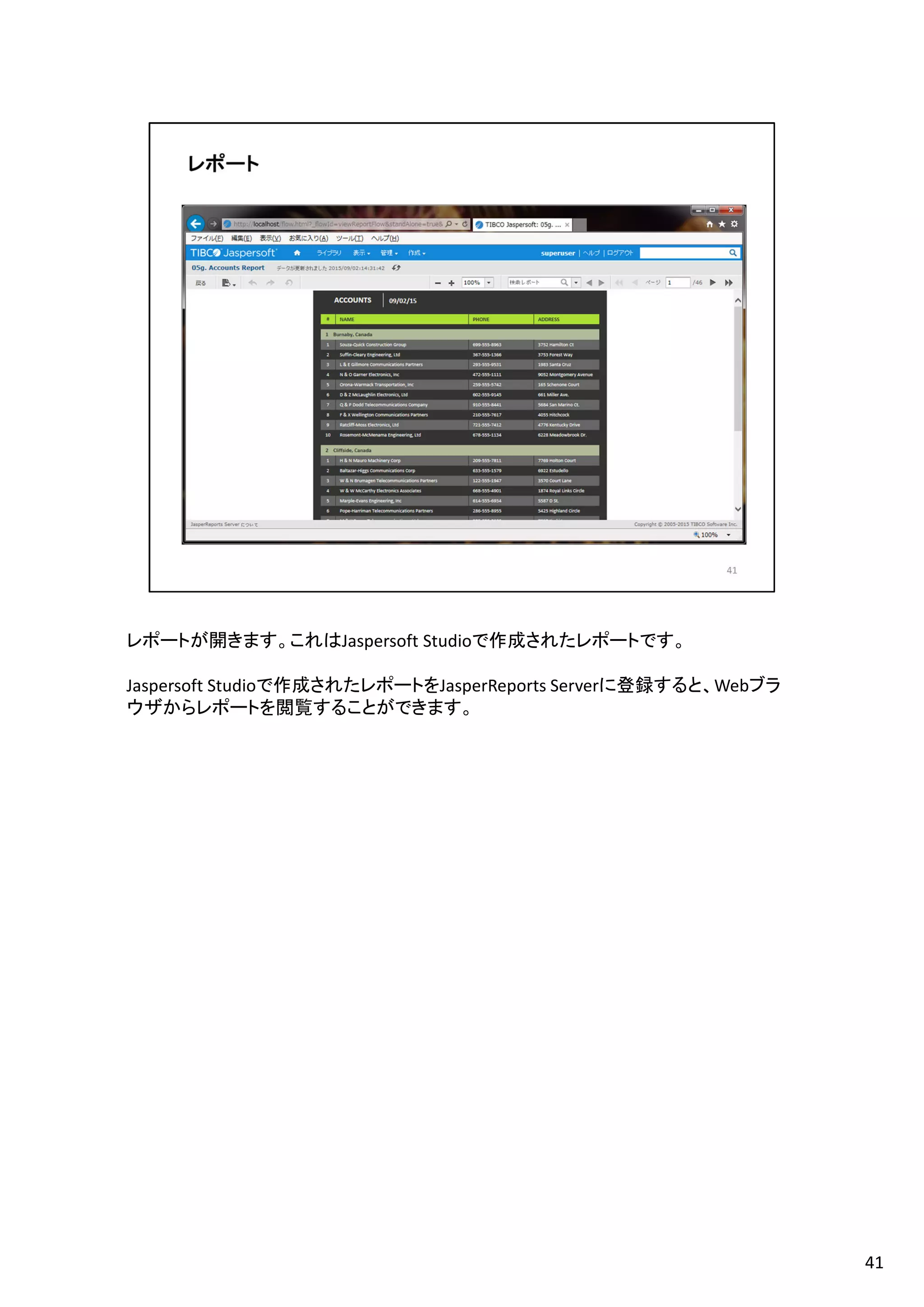 レポートが開きます。これはJaspersoft Studioで作成されたレポートです。
Jaspersoft Studioで作成されたレポートをJasperReports Serverに登録すると、Webブラ
ウザからレポートを閲覧することができます。
41
 