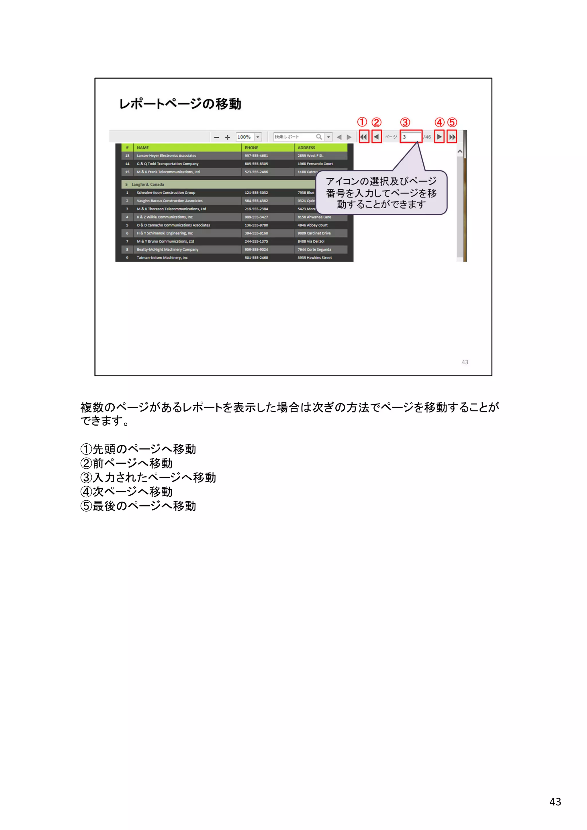 複数のページがあるレポートを表示した場合は次ぎの方法でページを移動することが
できます。
①先頭のページへ移動
②前ページへ移動
③入力されたページへ移動
④次ページへ移動
⑤最後のページへ移動
43
 