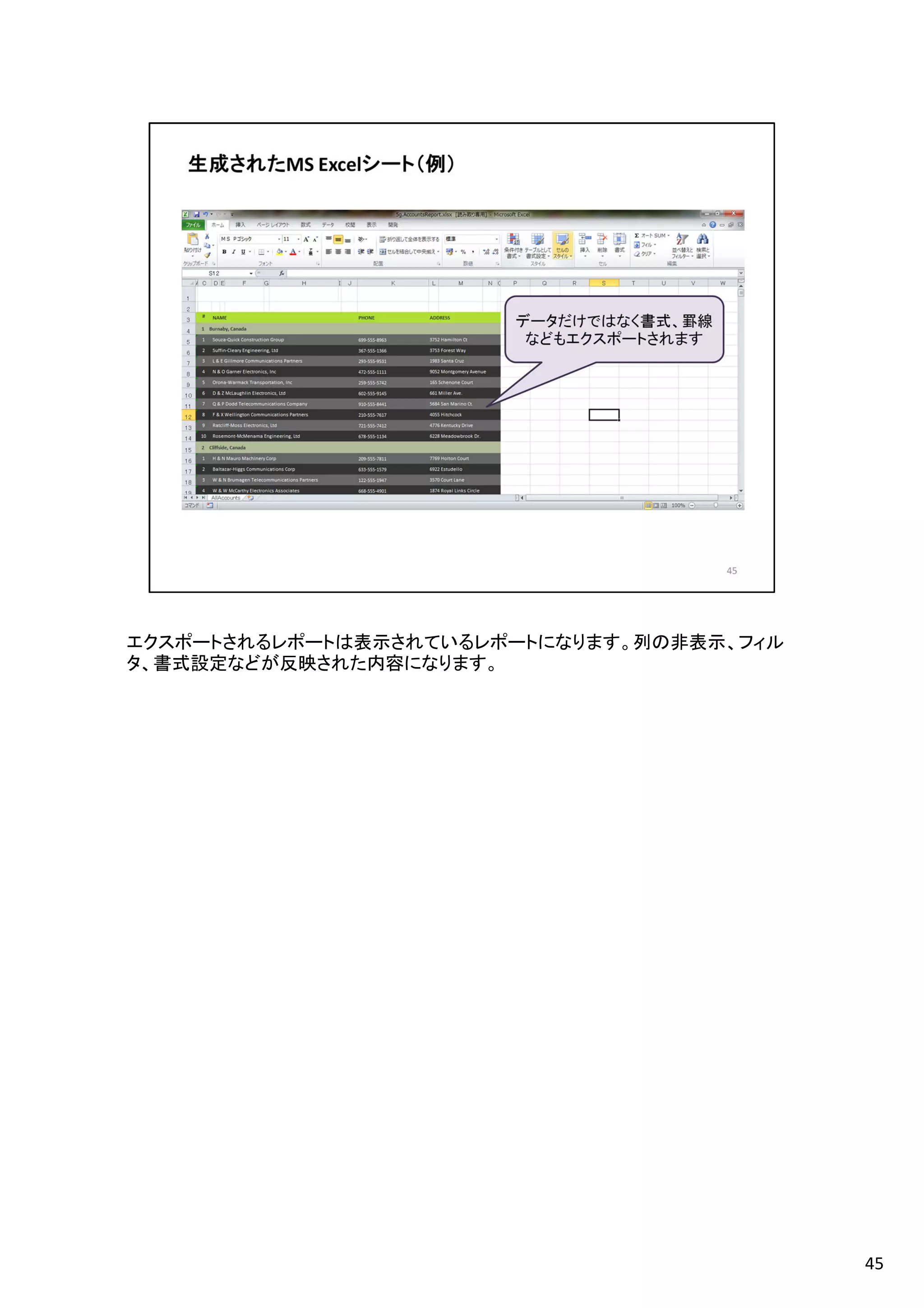 エクスポートされるレポートは表示されているレポートになります。列の非表示、フィル
タ、書式設定などが反映された内容になります。
45
 