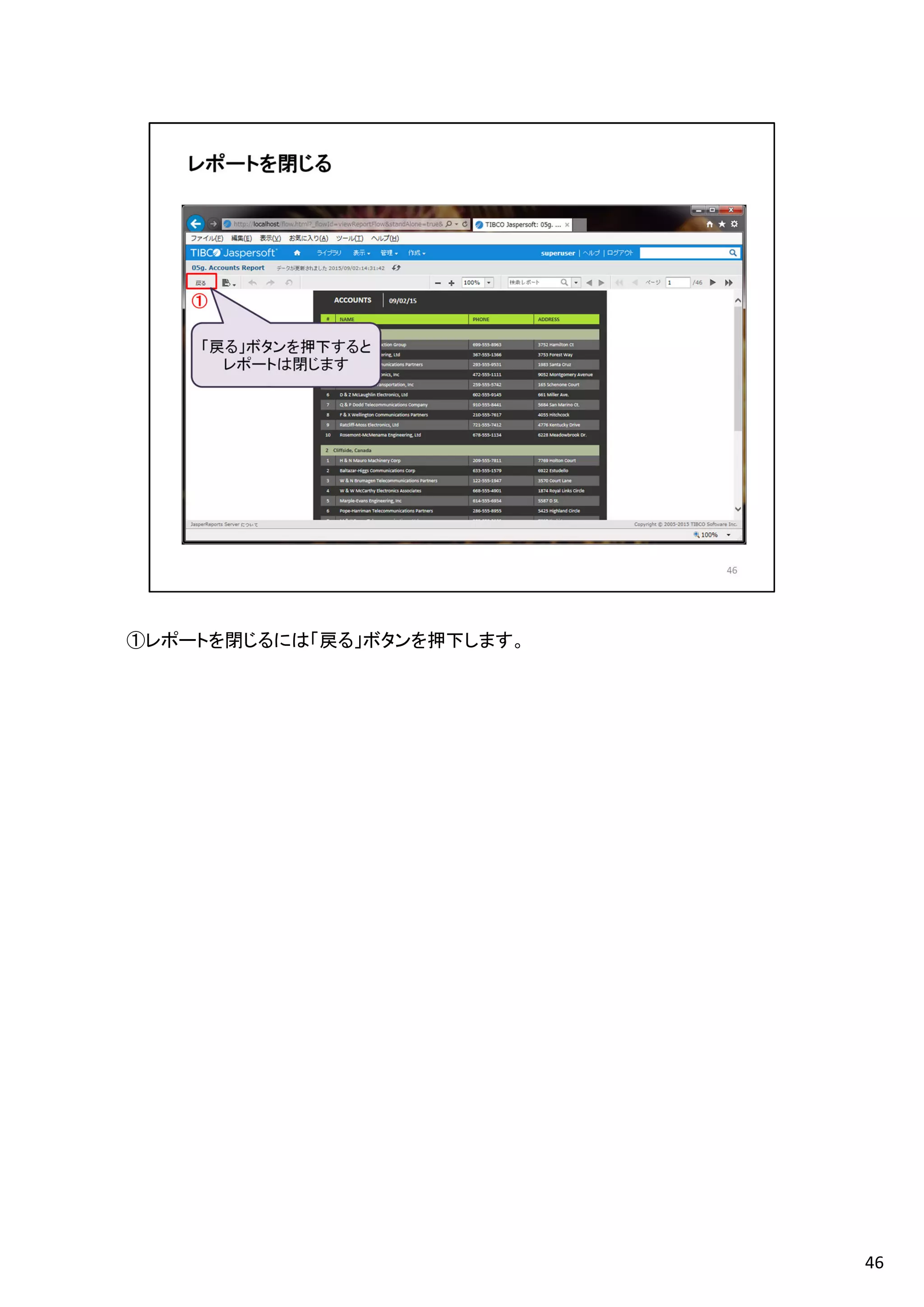 ①レポートを閉じるには「戻る」ボタンを押下します。
46
 
