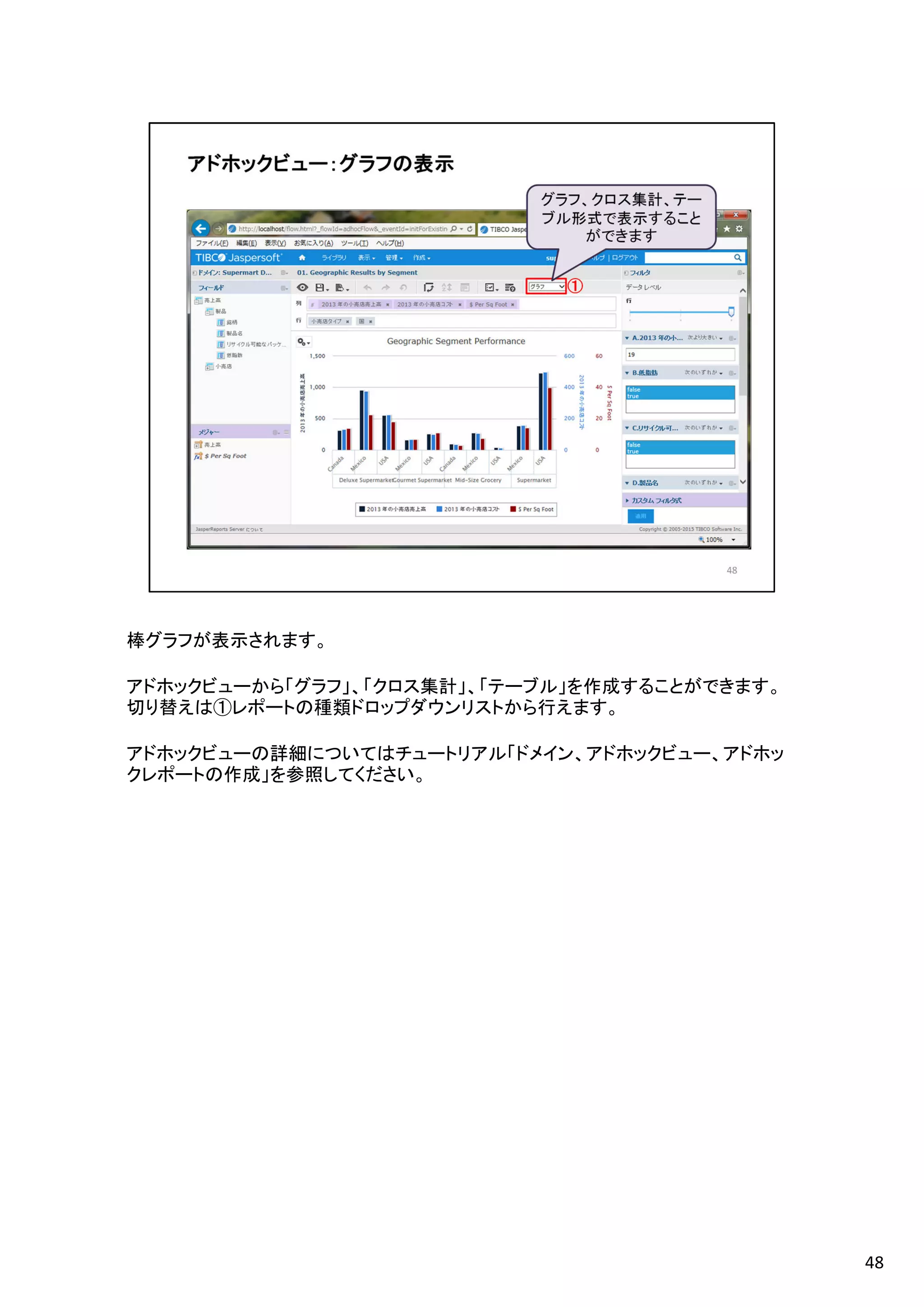棒グラフが表示されます。
アドホックビューから「グラフ」、「クロス集計」、「テーブル」を作成することができます。
切り替えは①レポートの種類ドロップダウンリストから行えます。
アドホックビューの詳細についてはチュートリアル「ドメイン、アドホックビュー、アドホッ
クレポートの作成」を参照してください。
48
 