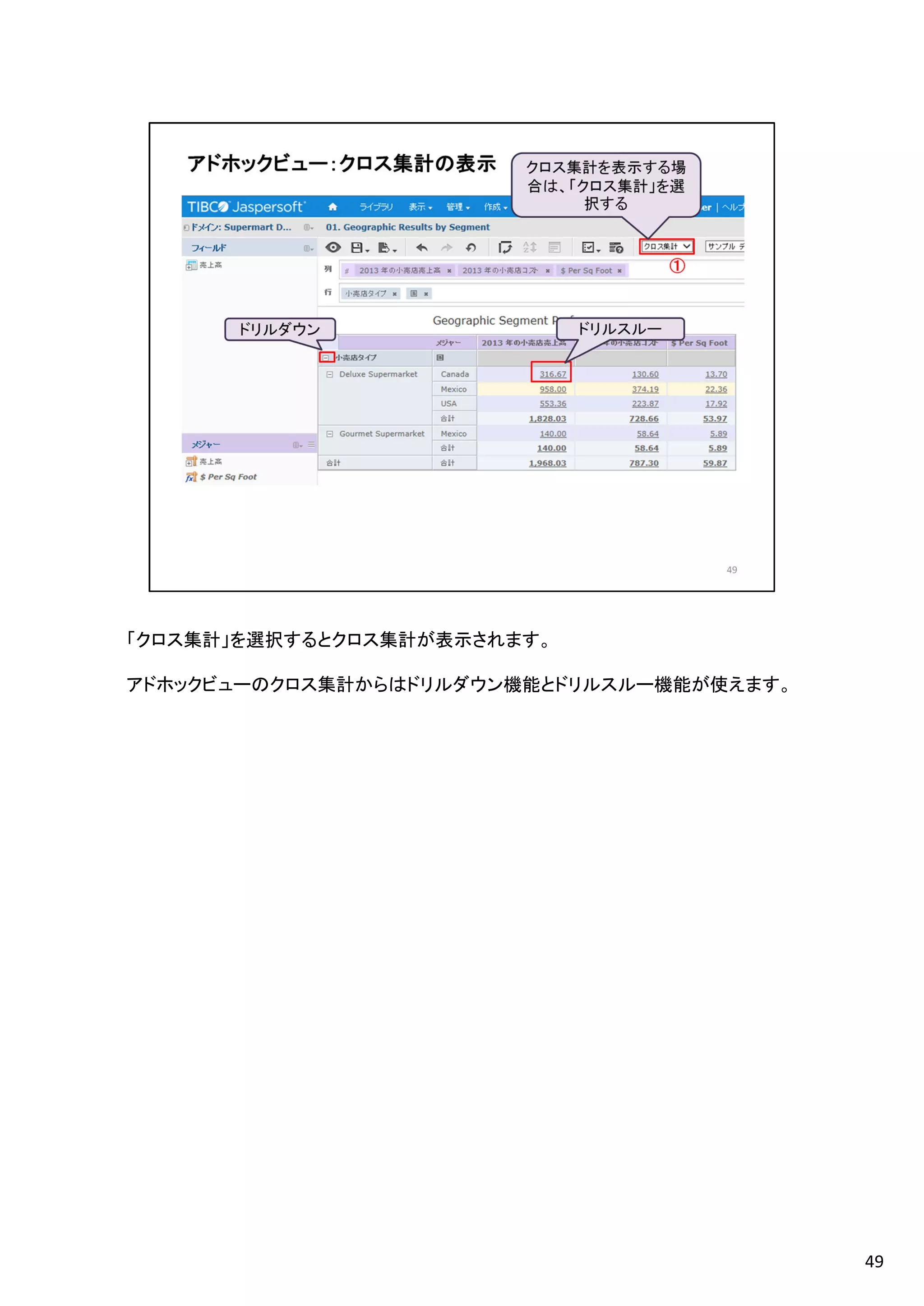 「クロス集計」を選択するとクロス集計が表示されます。
アドホックビューのクロス集計からはドリルダウン機能とドリルスルー機能が使えます。
49
 