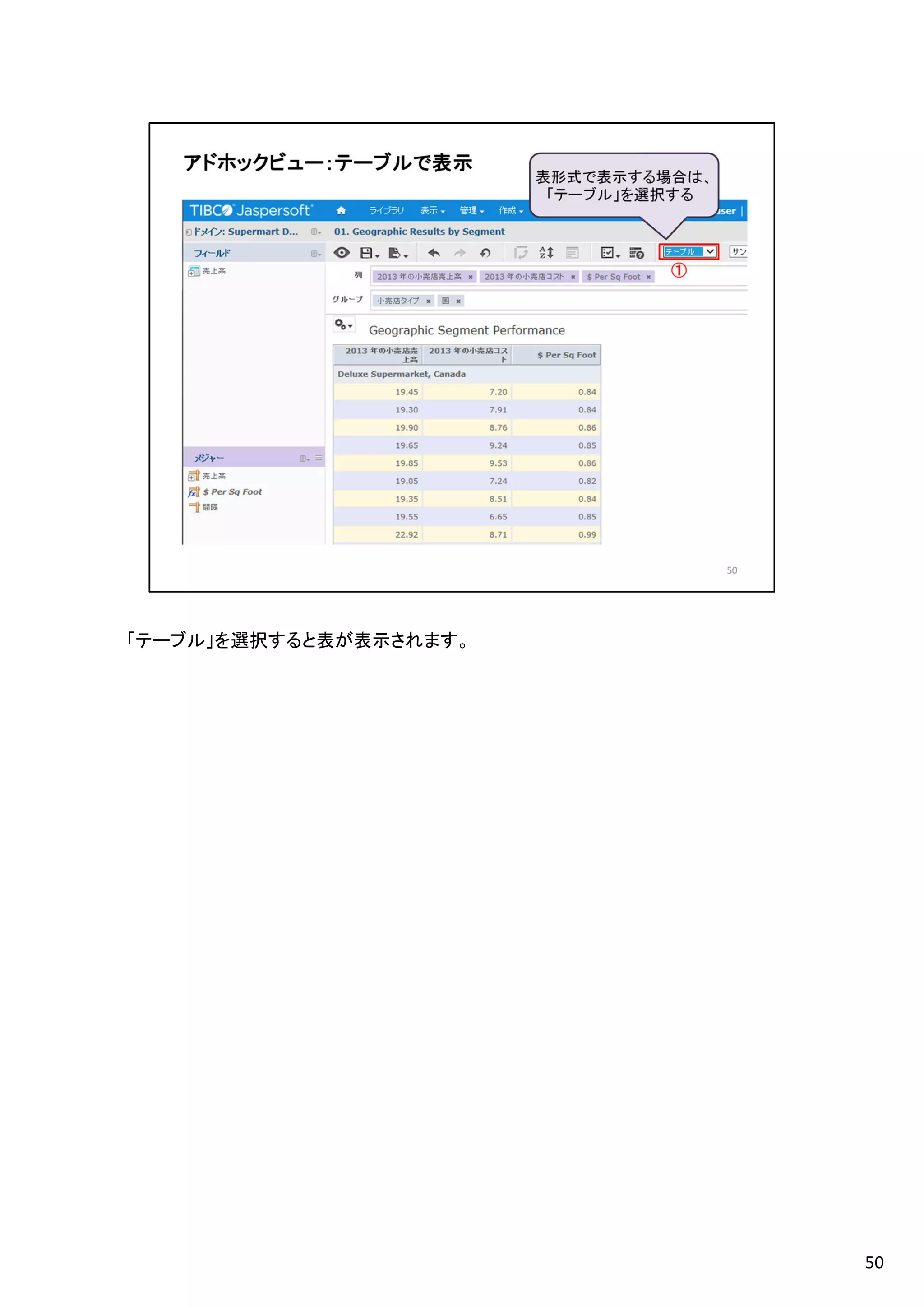 「テーブル」を選択すると表が表示されます。
50
 