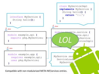 module example.service {
requires example.spi;
provides pkg.MyService
with impl.MyServiceImpl;
}
module example.spi {
exports pkg.MyService;
}
module example.app {
requires example.spi;
uses pkg.MyService;
}
interface MyService {
String hello();
}
class MyServiceImpl
implements MyService {
String hello() {
return "foo";
}
}
MyService service =
ServiceLoader.load(
MyService.class);
LOL
Compatible with non-modularized META-INF/services entries.
 