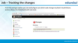 www.edureka.co/jenkins
Job – Tracking the changes
From the changes option you can easily figure out which code change resulted in build failure.
Jenkins shows the failed build with red circle
 