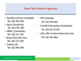 Instructed by Mr. By Vichet, Head of People Partner
Some Recruitment Agencies
7
• Top Recruitment Cambodia
Tel: 023 997 492
• Aplus Consulting
Tel: 023 991 003
• HRINC (Cambodia)
Tel: 023 211 437
• Bong Thom Dot Com
Tel: 023 217 057
• Camup Job
Tel: 023 993 009
• HR Cambodia
Tel: 023 993 662
• CamHR Information (Cambodia)
Tel: 023 69 10 545
• (CDL-HR) Creative Diamond Links
Tel: 023 964 864
 