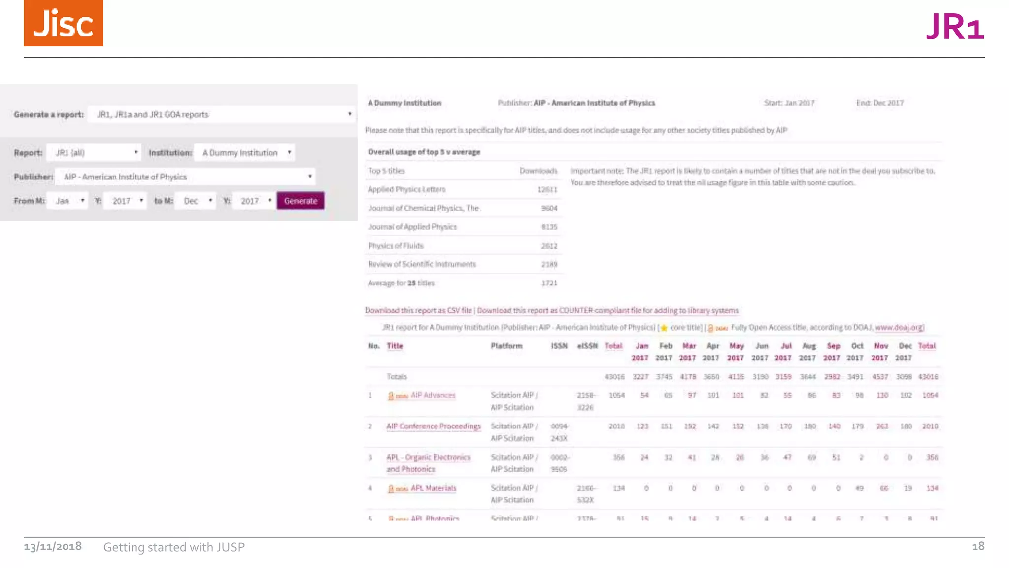 JR1
13/11/2018 Getting started with JUSP 18
 