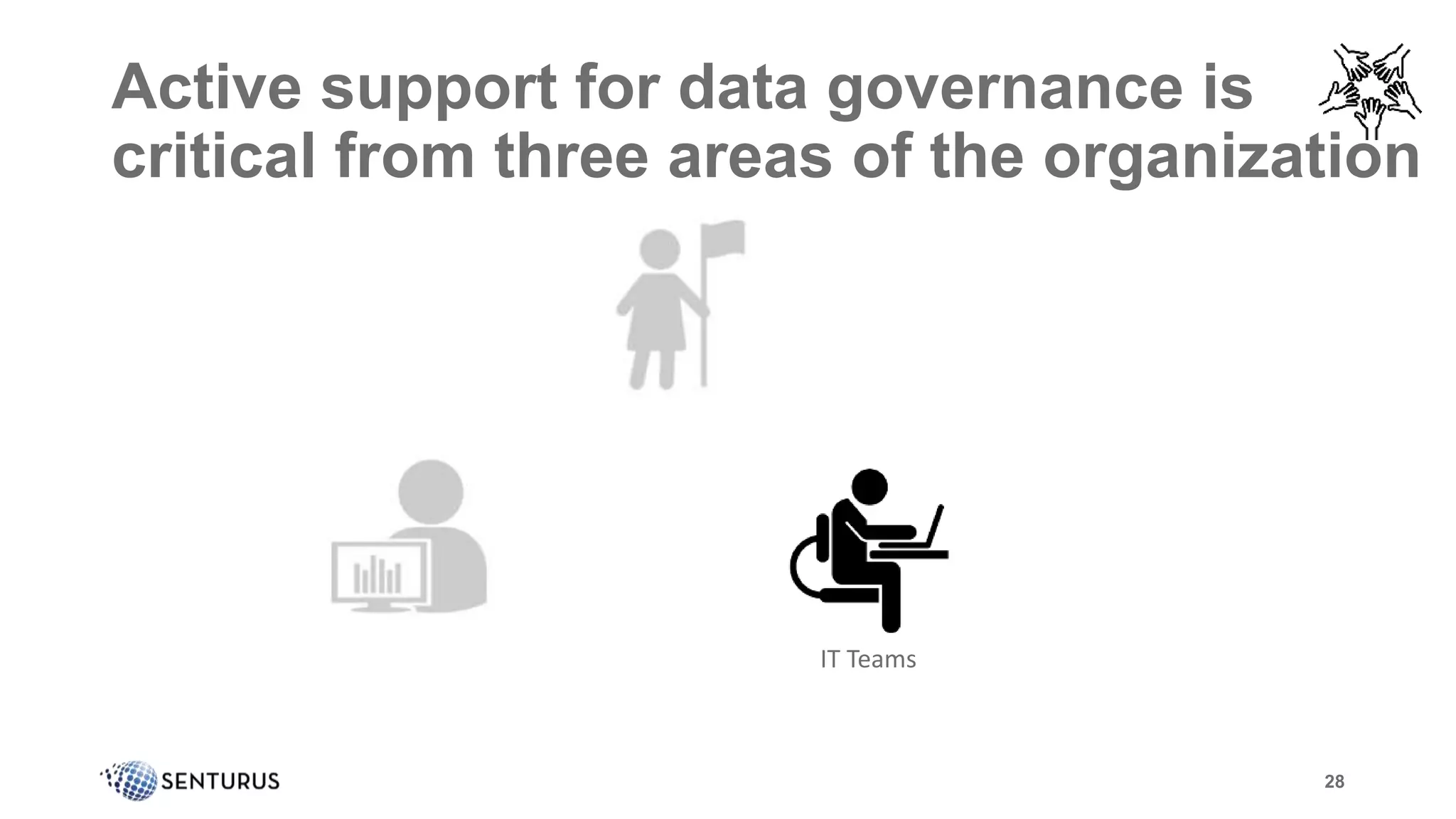 Active support for data governance is
critical from three areas of the organization
28
IT Teams
 
