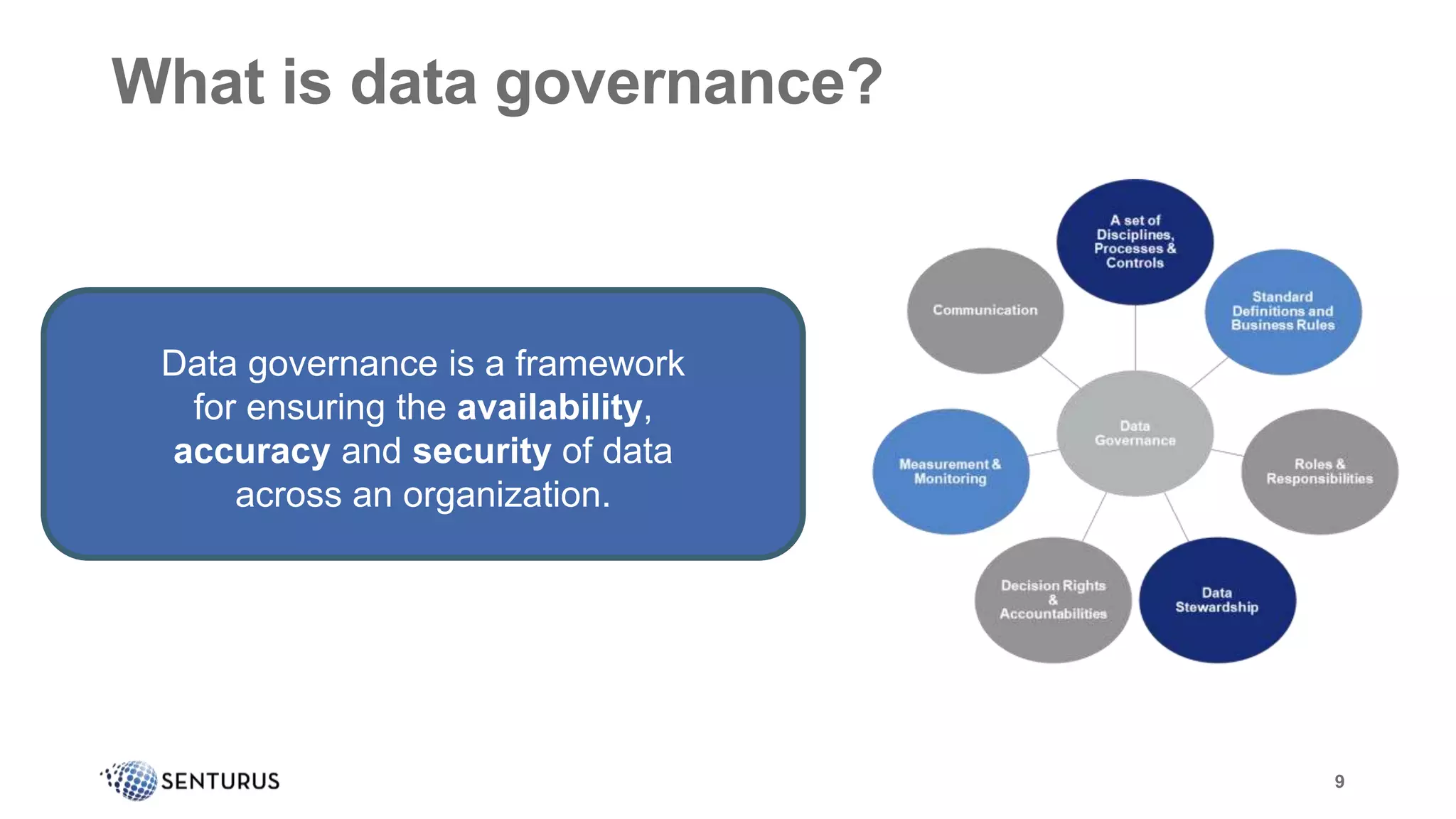Data governance is a framework
for ensuring the availability,
accuracy and security of data
across an organization.
9
What is data governance?
 