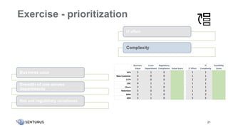 21
Business
Value
Cross
Department
Regulatory
Compliance Value Score IT Effort
IT
Complexity
Feasibility
Score
NPS 5 1 0 1 1
New Customer 4 0 0 1 1
CLTV 3 0 0 2 2
CAC 4 1 1 1 1
Churn 3 1 0 1 1
Retention 5 0 0 1 3
MRR 3 1 0 1 2
ARR 3 1 0 5 5
Exercise - prioritization
21
Business value
Breadth of use across
departments
Risk and regulatory compliance
IT effort
Complexity
 