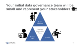 Senior
Leadership
Business
Users
IT Teams
Your initial data governance team will be
small and represent your stakeholders
31
Core Data
Governance
Team
 