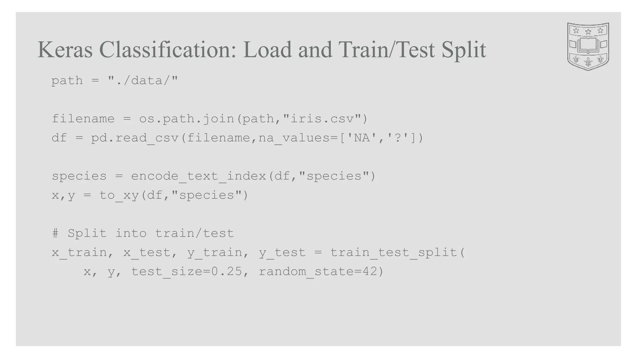 Keras Classification: Load and Train/Test Split
path = "./data/"
filename = os.path.join(path,"iris.csv")
df = pd.read_csv(filename,na_values=['NA','?'])
species = encode_text_index(df,"species")
x,y = to_xy(df,"species")
# Split into train/test
x_train, x_test, y_train, y_test = train_test_split(
x, y, test_size=0.25, random_state=42)
 