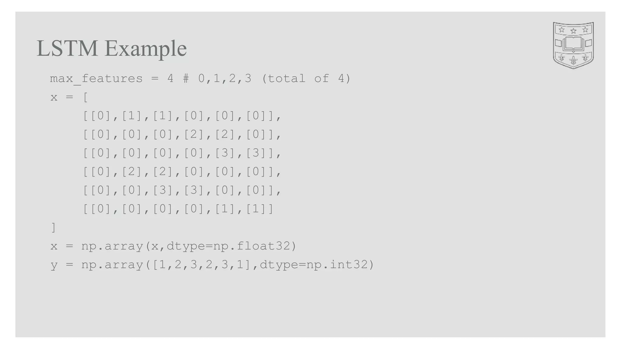 LSTM Example
max_features = 4 # 0,1,2,3 (total of 4)
x = [
[[0],[1],[1],[0],[0],[0]],
[[0],[0],[0],[2],[2],[0]],
[[0],[0],[0],[0],[3],[3]],
[[0],[2],[2],[0],[0],[0]],
[[0],[0],[3],[3],[0],[0]],
[[0],[0],[0],[0],[1],[1]]
]
x = np.array(x,dtype=np.float32)
y = np.array([1,2,3,2,3,1],dtype=np.int32)
 