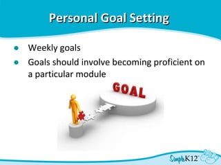 Personal Goal Setting  Weekly goals Goals should involve becoming proficient on a particular module  