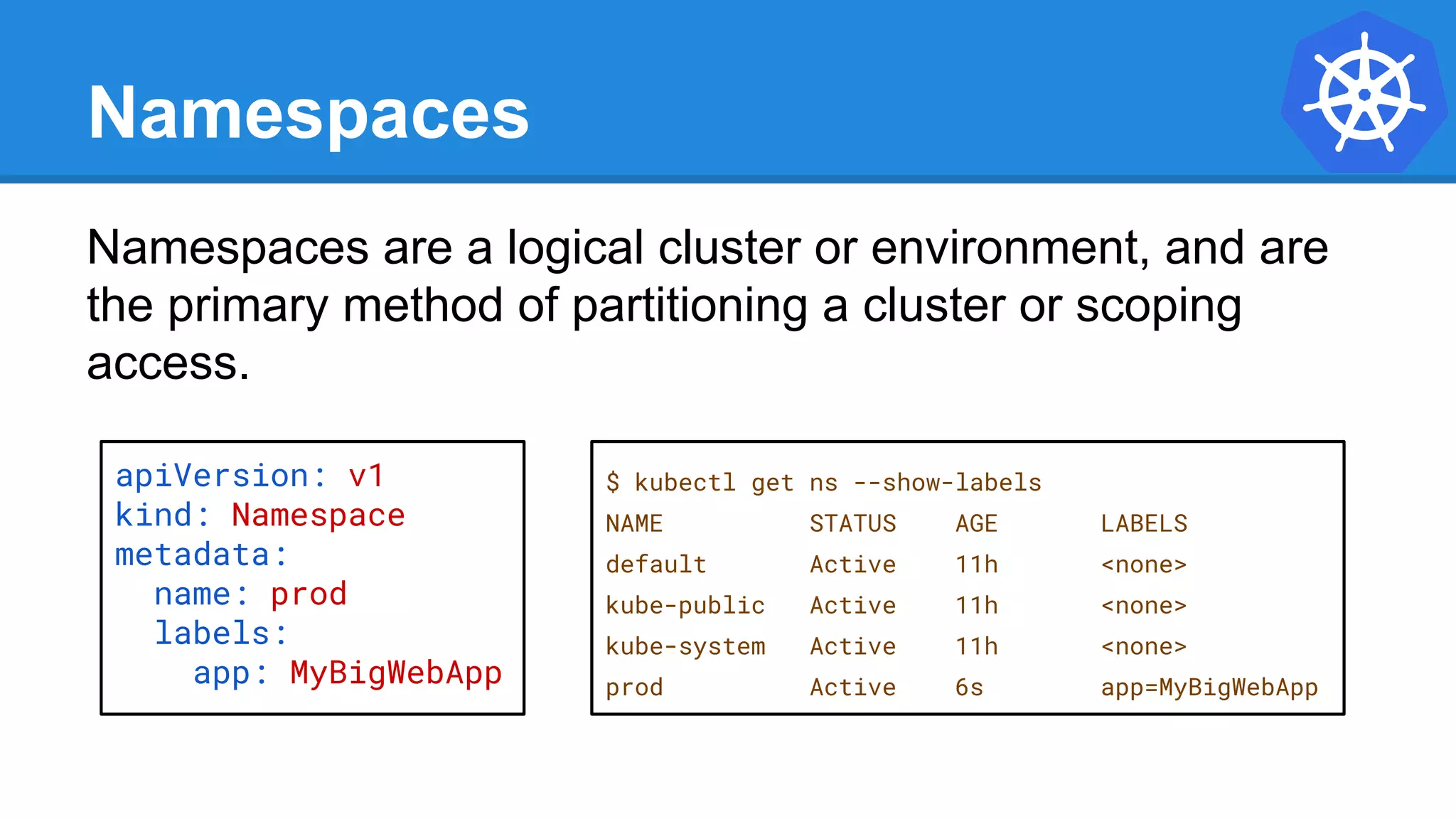 Namespaces
Namespaces are a logical cluster or environment, and are
the primary method of partitioning a cluster or scoping
access.
apiVersion: v1
kind: Namespace
metadata:
name: prod
labels:
app: MyBigWebApp
$ kubectl get ns --show-labels
NAME STATUS AGE LABELS
default Active 11h <none>
kube-public Active 11h <none>
kube-system Active 11h <none>
prod Active 6s app=MyBigWebApp
 